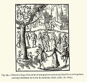 istock Medieval village fete, musicians, people dancing circle under a tree, end 16th Century 1415656059