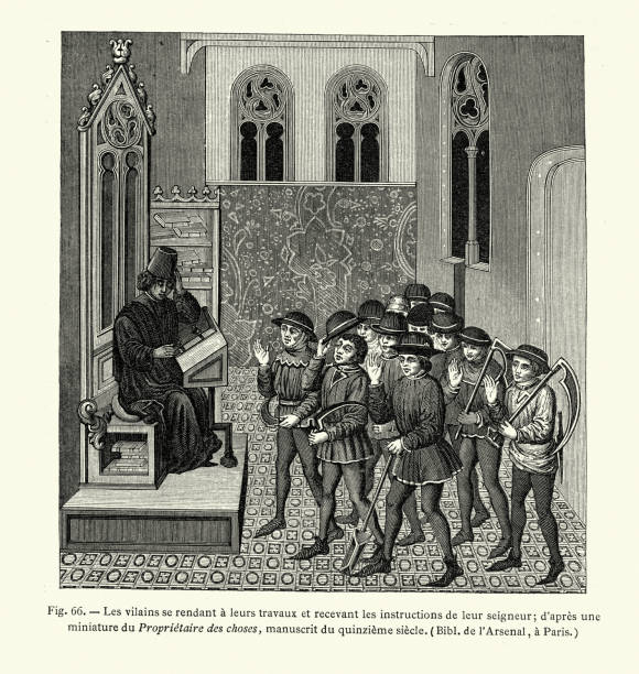 ilustrações de stock, clip art, desenhos animados e ícones de medieval feudal system villeins  receiving instructions from their lord 15th century history - feudalism