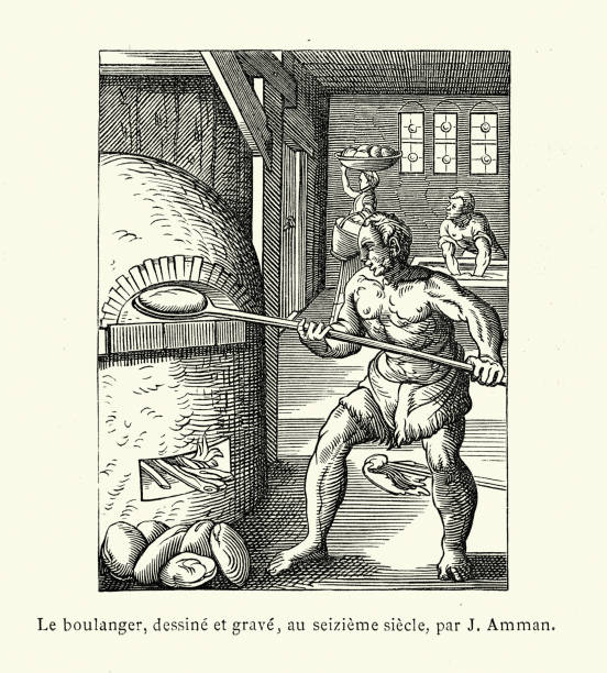 bäcker, bäcker, bäcker, der im lehmofen brot backt, 16. jahrhundert - 16th century style stock-grafiken, -clipart, -cartoons und -symbole