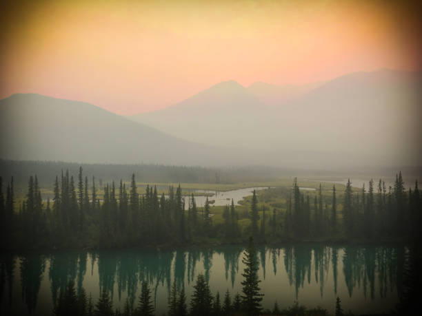 Smokey skies due to forest fire in Banff stock photo