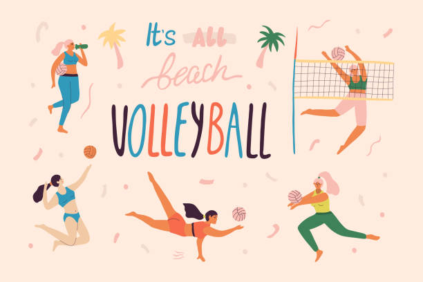 ilustrações de stock, clip art, desenhos animados e ícones de beach volleyball players in dynamic poses in different roles. volleyball banner concept for professional or amateur school. vector illustration of summer hawaiian banner - beach body ball volleyball