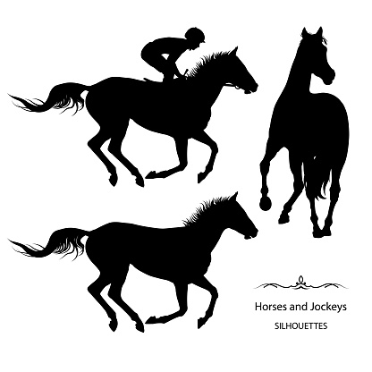 thoroughbred racehorse with jockey, black vector silhouette on white background