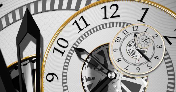 istock Surreal clock with exposed gears, white background with gray pattern and golden edges that repeats endlessly one inside the other. 3D Illustration 1415666000