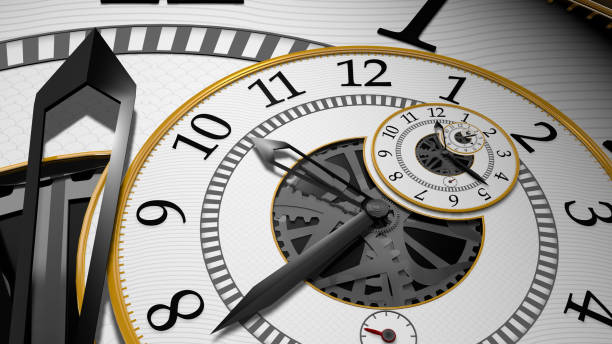 istock Surreal clock with exposed gears, white background with gray pattern and golden edges that repeats endlessly one inside the other. 3D Illustration 1415666001