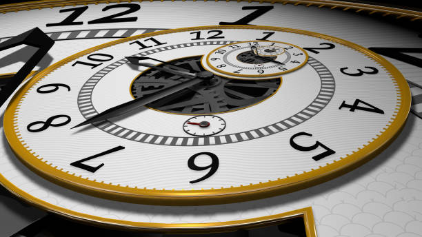 istock Surreal clock with exposed gears, white background with gray pattern and golden edges that repeats endlessly one inside the other. 3D Illustration 1415666002