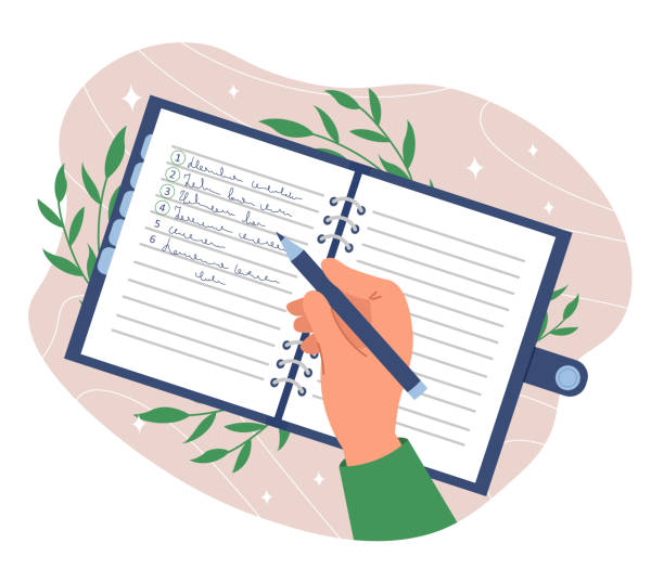Writing in planner Writing in planner. Planning and goal setting, hardworking and motivated worker. Motivation and leadership, scheduling and time management. Human make notes. Cartoon flat vector illustration person writing in notebook stock illustrations
