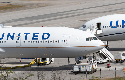 United Boeing 777 and 787 under maintenance in the GRU Airport, 17 Jul, 2022, Sao Paulo, Brazil.