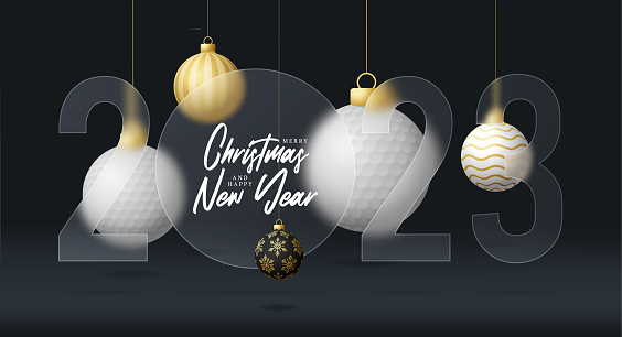 Golf 2023 sale banner or greeting card. Merry Christmas and happy new year 2023 sport banner with glassmorphism or glass-morphism blur effect. Realistic vector illustration.