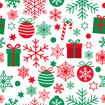 Christmas seamless pattern with cute red and green gifts, balls, stars and snowflakes isolated on white background. Simple retro style design for Holiday designs, wrapping paper, prints, scrapbooking, Vector eps 10.