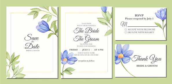 Manual painted of aesthetic blue flower watercolor as wedding invitation.