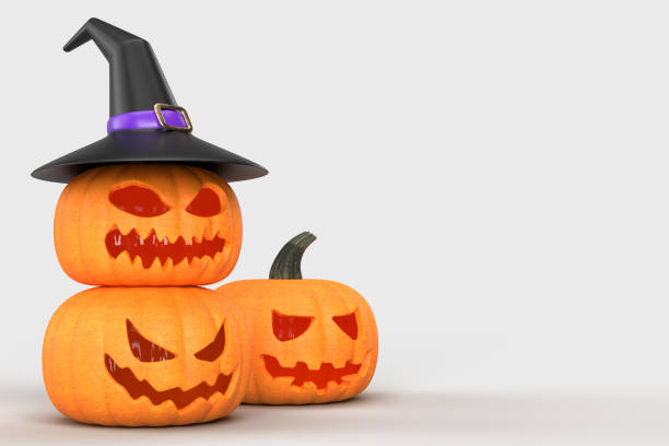 istock Halloween background mock-up with pumpkins and witch hat. Halloween concept mockup. 3D rendering 1415690302