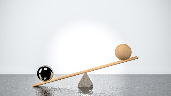 Wooden plank in an unbalanced position and tilted towards the iron ball and the other side of the wooden ball, 3d illustration of the concept of balance and justice