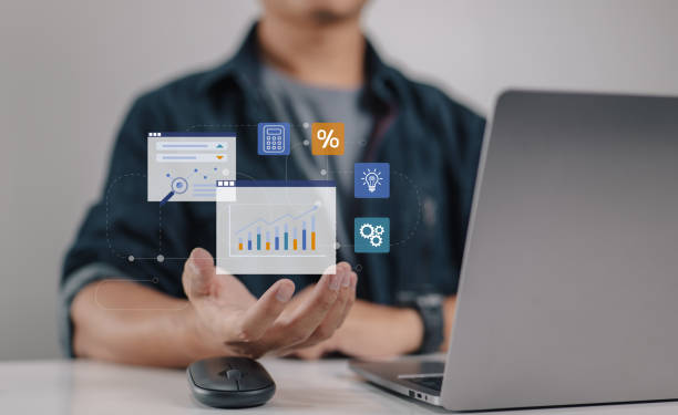 Consulting and online business courses. Financial chart analysis, executive networking. stock photo