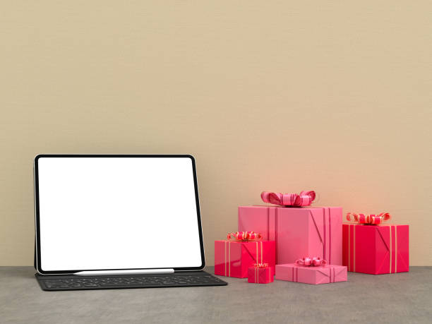 istock Happy Valentines Day. Celebration party with gift box decorations and tablet mockup template. 3d Rendering 1415694265