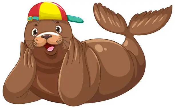 Vector illustration of Cute sea lion wearing cap on white background