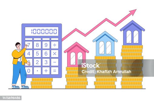 istock Money investment to property or real estate, buy or rent house, business and innovative work concepts. Businessman calculate mortgage rate with growth chart arrow and mini home on stack of coin 1415696486