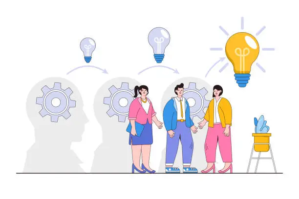 Vector illustration of Sharing business ideas, colleagues exchange information, collaboration to thinking together concepts. Businesspeople discussing to transfer knowledge between head with gears until reaching lightbulb