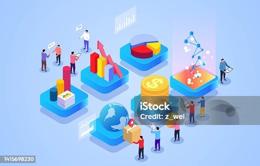 istock Business data and analytics, analysis of stocks and funds on exchange, stock market tracking investment index trading in real time, isometric group of businessmen analyzing and discussing business data 1415698230