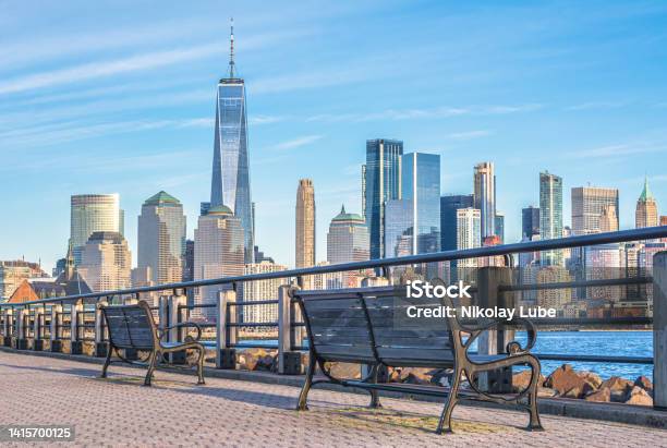 The View Of New York City From The Boardwalk Across The Hudson River Stock Photo - Download Image Now