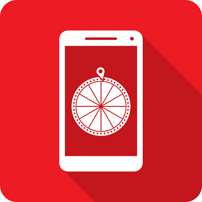 Vector illustration of a smartphone with game show wheel icon against a red background in flat style.