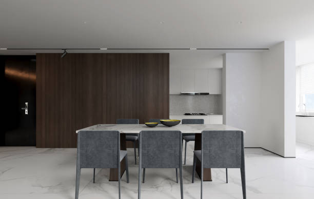istock Modern Dining and kitchen interior with dining table and chairs.3D illustration 1415701397