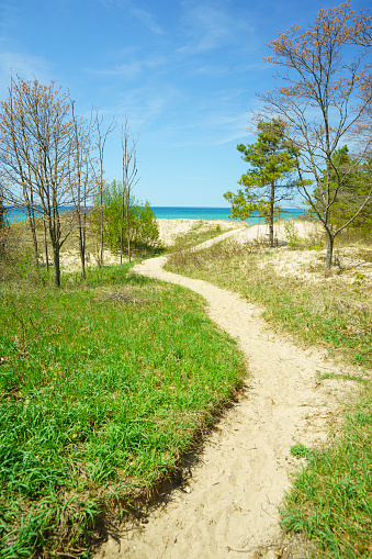 A sandy curved footpath leads through the sand dunes to a distant lake Michigan. Located in Sleeping Bear Dunes National Lakeshore, shot in the spring time with the plant life just starting to grow.