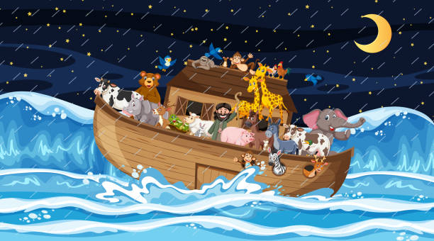 ilustrações de stock, clip art, desenhos animados e ícones de ocean scene with noah's ark with animals - ark cartoon noah animal