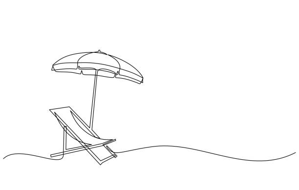 summer vacation concept, tropical beach in single line doodle style Continuous line drawing of summer vacation concept, sandy beach, beach umbrella, beach bag, straw hat, sunglasses and flip flops on tropical beach in single line doodle style. Editable strokes. flip flop sandal beach isolated stock illustrations