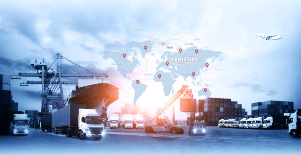 istock World map with logistic network distribution on background. Logistic and transport concept in front Container Cargo freight ship for Concept of fast or instant shipping, Online goods orders worldwide 1415706915