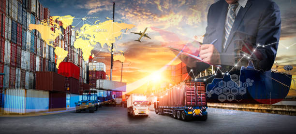 istock Logistics and transportation of Container Cargo ship and Cargo plane with working crane bridge in shipyard at sunrise, logistic import export and transport industry background 1415706926