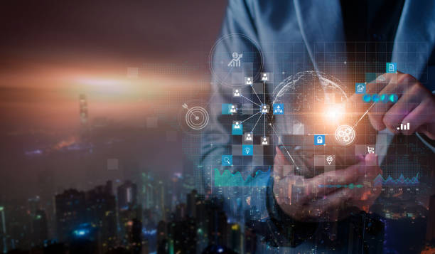 istock Businessman using mobile smartphone on global network connection on investor and customer with sale data exchange and development of business. Technology and digital marketing. Financial and banking. 1415708106
