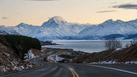 Road leading to Mt Cook at sunrise, South Island.