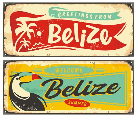 Belize summer holiday destination retro design template. Greetings from Belize creative greeting card souvenir. Vector image