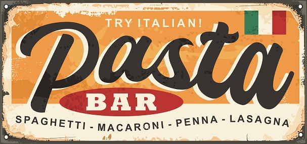 Pasta bar delicious Italian food retro advertising menu sign. Italian cuisine ad for spaghetti, macaroni and lasagna. Vintage vector restaurant sign.