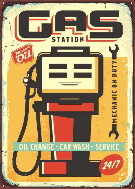 Gas station vintage metal sign Gas station vintage metal sign design with grunge damaged texture. Fuel and gasoline vector advertisement graphic illustration. vintage gas pumps stock illustrations