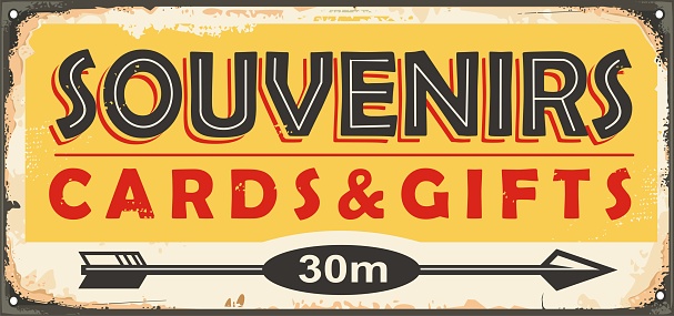 Souvenir shop retro sign board template. Vintage inscription for souvenir store on old metal background. Souvenirs, cards and gifts vector image.