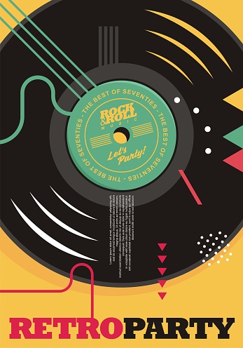 Vinyl record graphic design for retro party poster. Abstract template for seventies music party invitation or concert flyer. Minimalist vector illustration. The best of seventies.