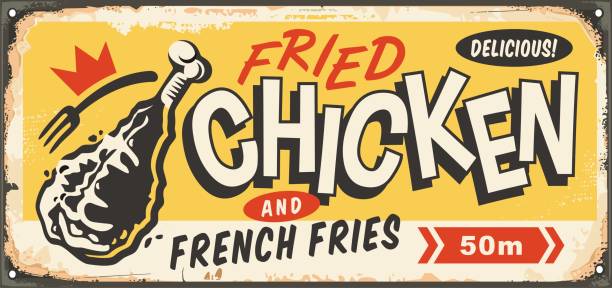 Fried chicken retro fast food menu sign Fried chicken retro fast food menu sign with chicken drumstick and playful lettering. Food vector image. Vintage metal sign. breaded stock illustrations