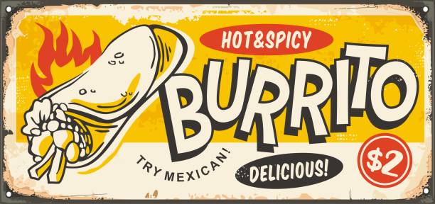 Restaurant tin sign with burrito graphic Burrito sign promo ad for Mexican fast food. Restaurant tin sign with burrito drawing. Food vector. cartoon of a 50s diner signs stock illustrations