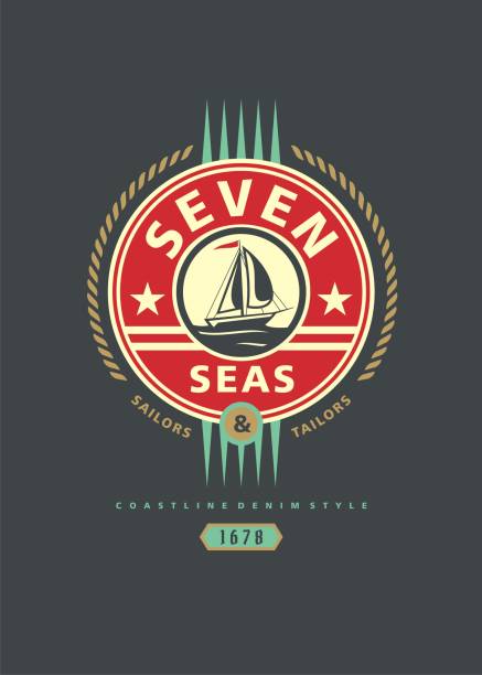 Apparel print layout with coastline scene and sail boat. Navy style vector print layout.
