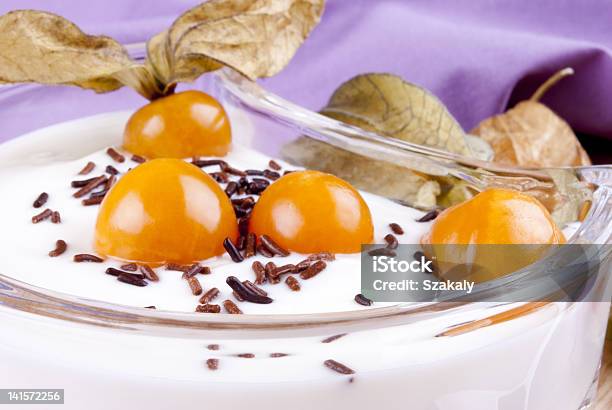 Fresh Yogurt With Physalis And Chocolate Sprinkles Stock Photo - Download Image Now - Breakfast, Cold Temperature, Cream - Dairy Product