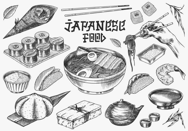 ilustrações, clipart, desenhos animados e ícones de conjunto de comida japonesa. sushi bar, macarrão de ramen, sopa em uma tigela, rolo e sobremesa, chá asiático. molho de soja. mão segura pauzinhos. desenho gravado. estilo de rabisco monocromático. ilustração vetorial - sashimi japanese cuisine japanese culture food