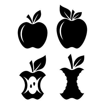 Whole apple and eaten apple core vector silhouettes on white background