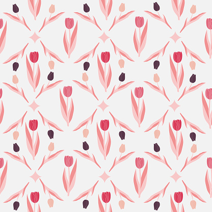 Tulip flowers pattern seamless vector background. Vintage botanical illustration. Bright spring floral blooming design.