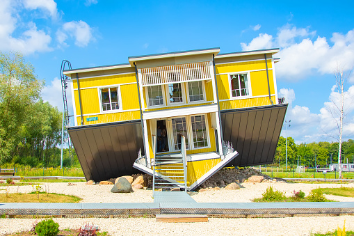 Tartu, Estonia - August 12, 2022: Upside Down House in Tartu city, local landmark