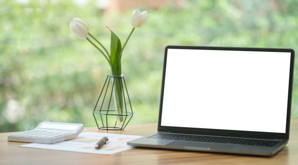 istock Computer laptop with empty display, coffee cup, pencil holder and houseplant on wooden table. 1415725949