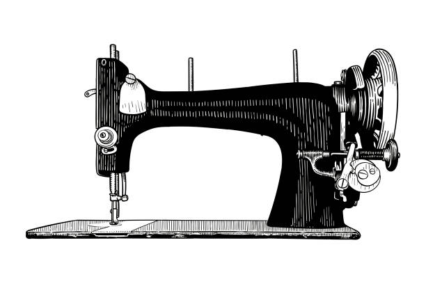 Vector drawing of an old sewing machine Hand drawn illustration of a sewing machine. Side view. Engraving style. sewing machine stock illustrations