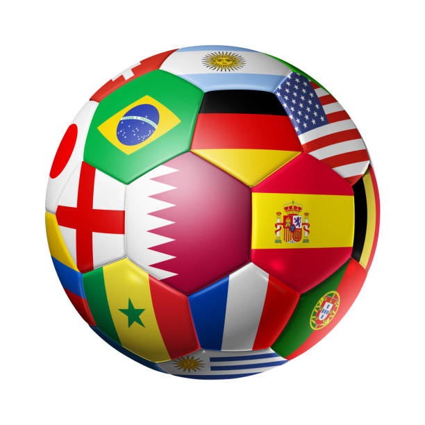 Qatar 2022. Football soccer ball with team national flags. 3D illustration isolated on white background stock photo