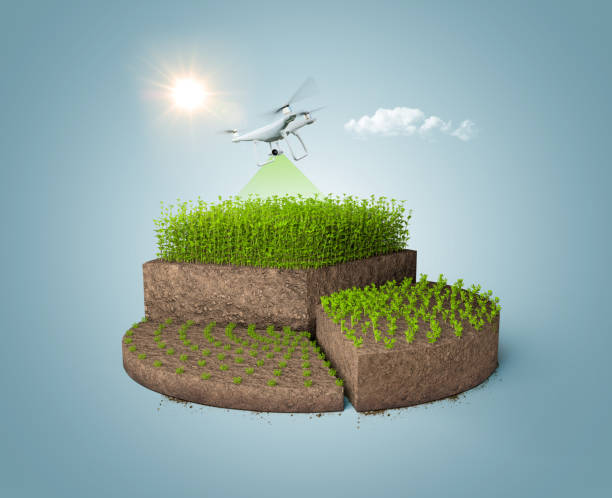 3d illustration of mud pie chart isolated with drone in blue background. digital farming creative concept.