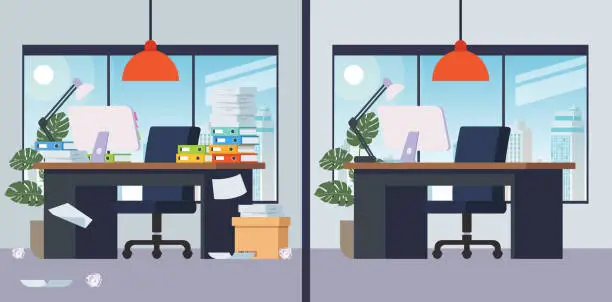 Vector illustration of Office working place and mess around before and after cleaning. Vector illustration. Isolated objects.